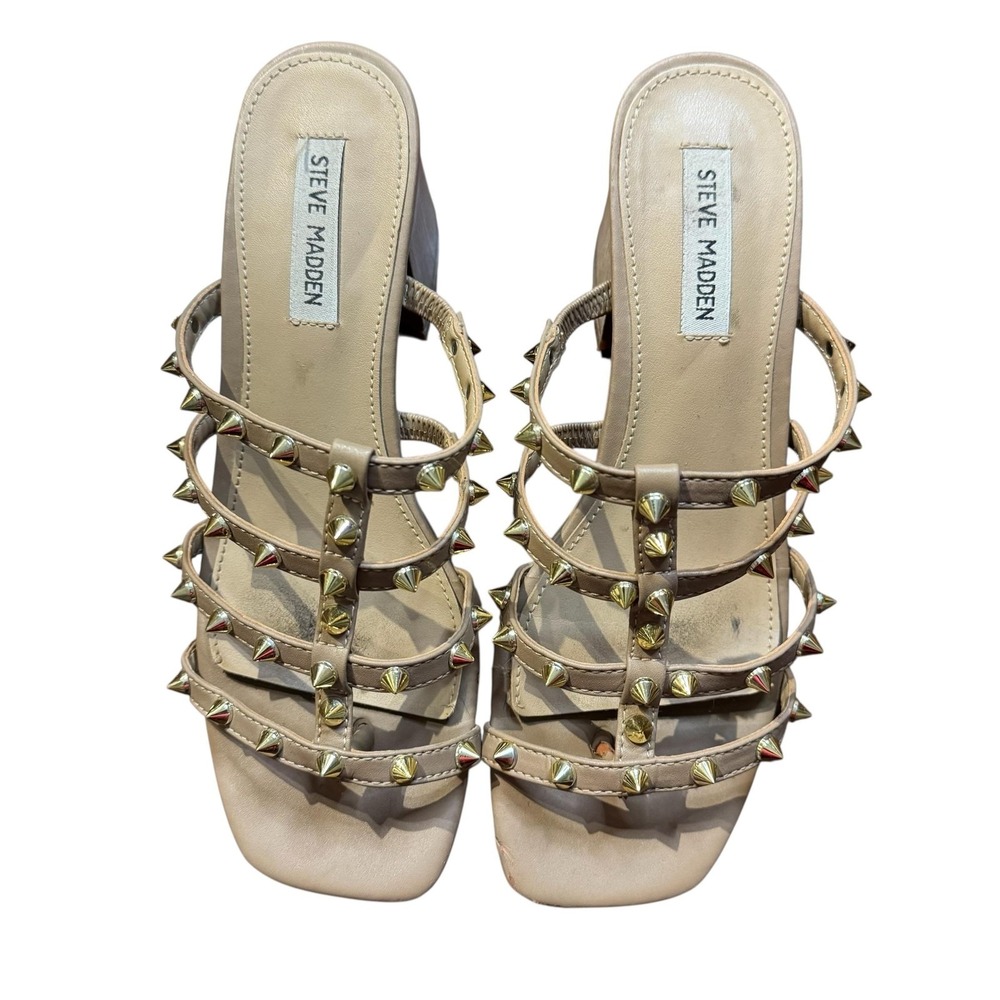 Steve Madden Shoes Womens Size 8 Beige Studded‎ Block Heel Sandals Intricate-S